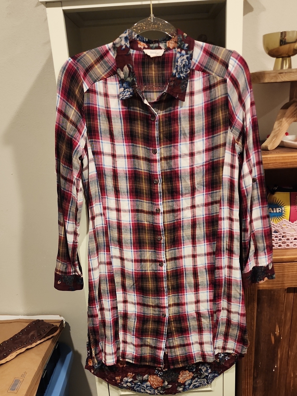 ODDY Red Multi Plaid Button-Down Shirt/dress with Floral Trim